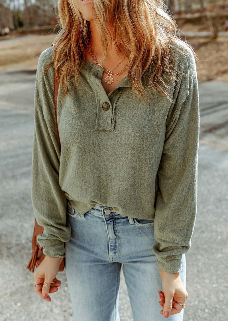 Button Down Exposed Seam Long Sleeve Top