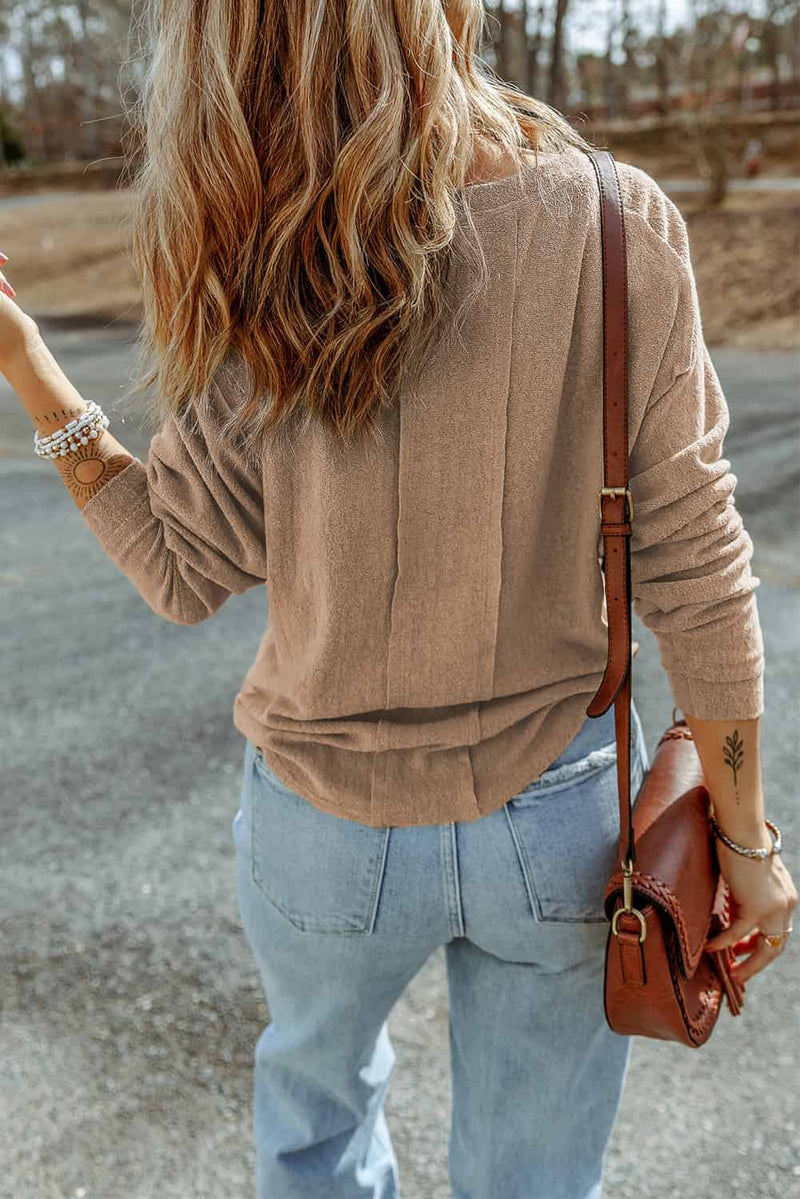 Button Down Exposed Seam Long Sleeve Top