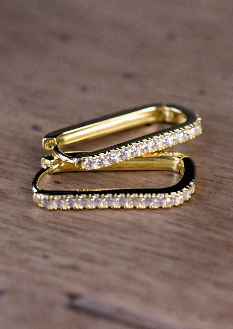 Earrings - Gold Gem Rectangular Hoop